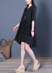 Beautiful black linen dress v neck low high design cotton summer Dress - SooLinen