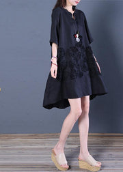 Beautiful black linen dress v neck low high design cotton summer Dress - SooLinen