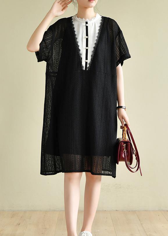 Beautiful black striped Wardrobes patchwork A Line Dress - SooLinen