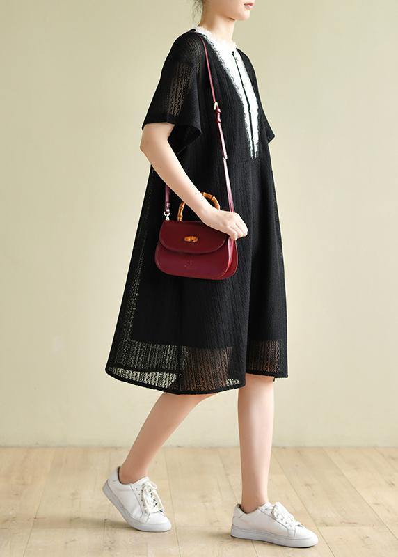 Beautiful black striped Wardrobes patchwork A Line Dress - SooLinen