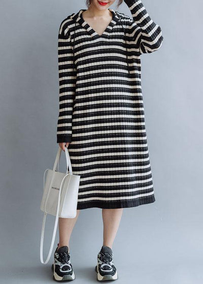 Beautiful black striped cotton quilting dresses hooded Kaftan fall Dress - SooLinen