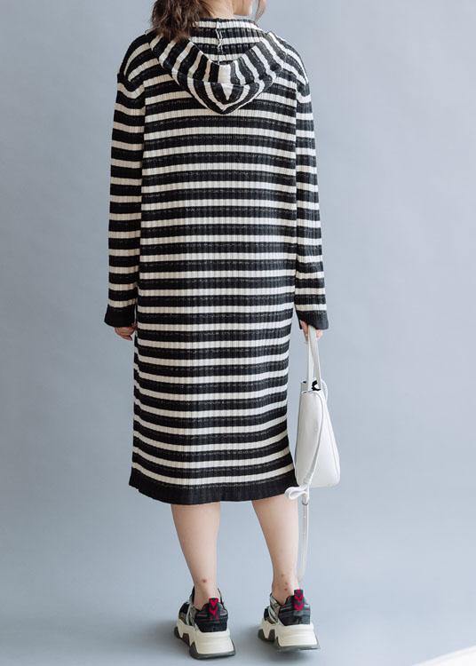 Beautiful black striped cotton quilting dresses hooded Kaftan fall Dress - SooLinen