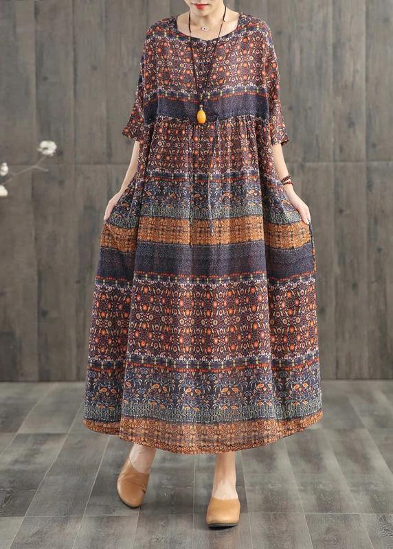 Beautiful blended Wardrobes Drops Design Retro Print Washed Comfortable Loose Dress - SooLinen