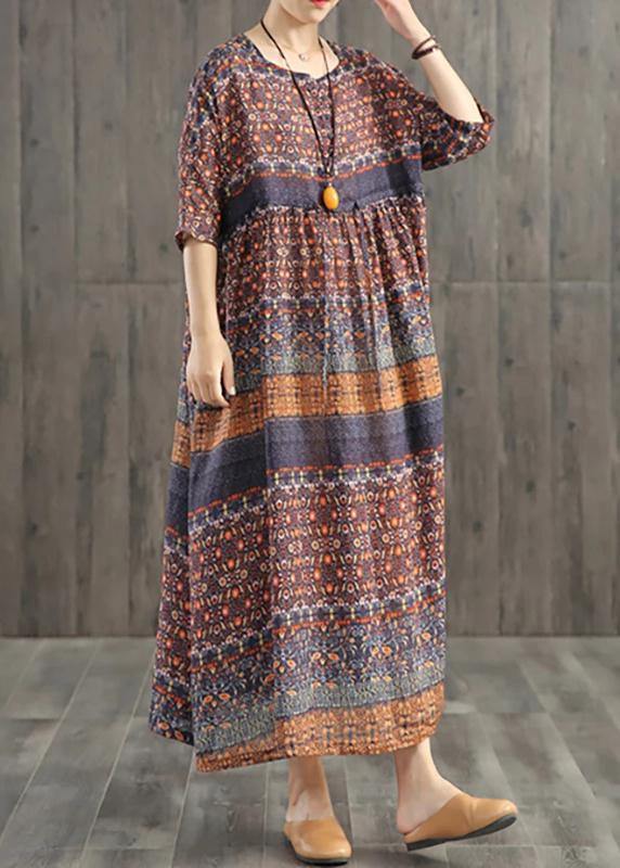 Beautiful blended Wardrobes Drops Design Retro Print Washed Comfortable Loose Dress - SooLinen