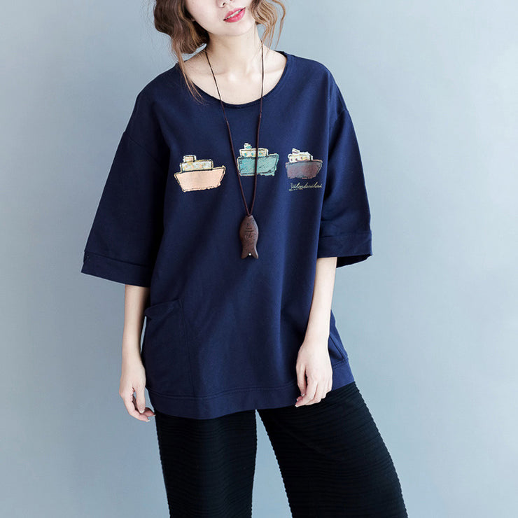 Beautiful blue cotton blouses for women fine Fabrics Half sleeve pockets Art shirts