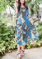 Beautiful blue print cotton quilting clothes sleeveless tie waist Maxi summer Dresses - SooLinen