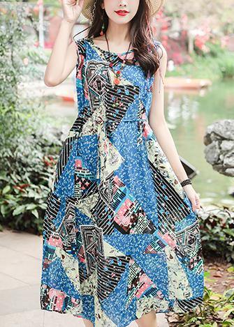 Beautiful blue print cotton quilting clothes sleeveless tie waist Maxi summer Dresses - SooLinen