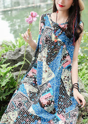 Beautiful blue print cotton quilting clothes sleeveless tie waist Maxi summer Dresses - SooLinen