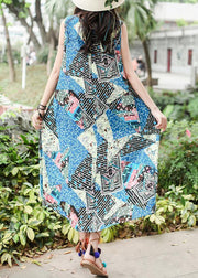 Beautiful blue print cotton quilting clothes sleeveless tie waist Maxi summer Dresses - SooLinen