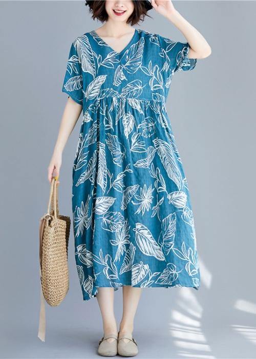 Beautiful blue print linen clothes For Women v neck Cinched cotton summer Dresses - SooLinen