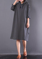 Beautiful blue striped linen clothes For Women hooded drawstring daily spring Dress - SooLinen