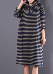 Beautiful blue striped linen clothes For Women hooded drawstring daily spring Dress - SooLinen