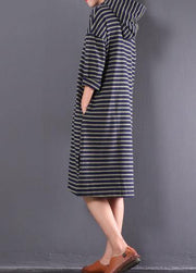 Beautiful blue striped linen clothes For Women hooded drawstring daily spring Dress - SooLinen