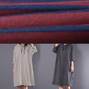 Beautiful blue striped linen clothes For Women hooded drawstring daily spring Dress - SooLinen