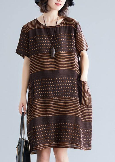 Beautiful chocolate dotted Cotton tunic top o neck pockets short Dress - SooLinen