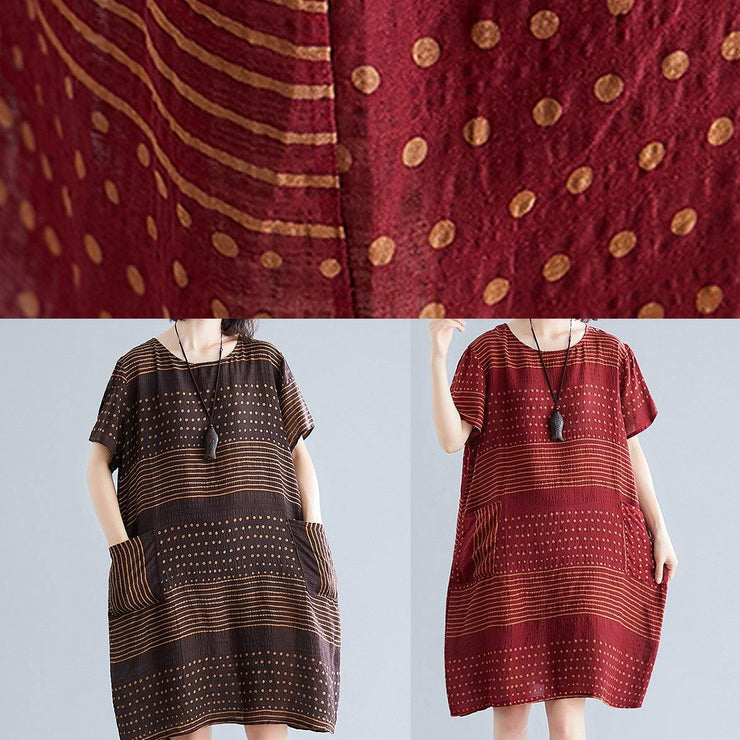 Beautiful chocolate dotted Cotton tunic top o neck pockets short Dress - SooLinen