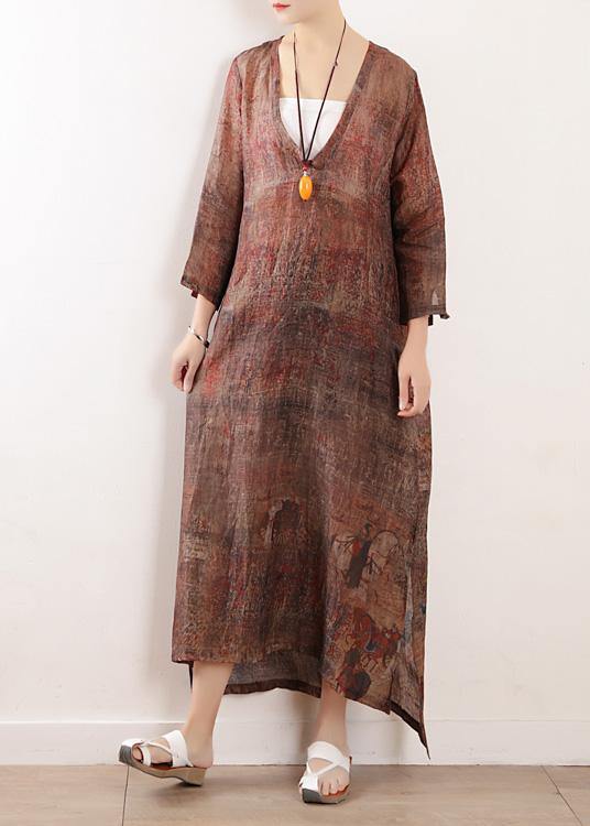 Beautiful chocolate print linen clothes For Women v neck side open Maxi Dresses - SooLinen