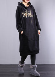 Schöne Baumwolle Kleiderschränke Pakistani Hoodie Drawstring Letter Fleece Loose Midi Dress