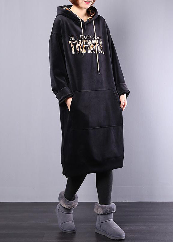 Schöne Baumwolle Kleiderschränke Pakistani Hoodie Drawstring Letter Fleece Loose Midi Dress