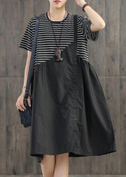 Beautiful cotton clothes Boho Stripes Spliced Round Collar Casual Dress - SooLinen