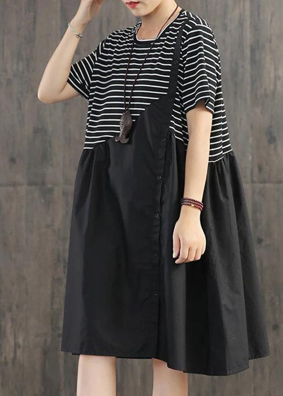 Beautiful cotton clothes Boho Stripes Spliced Round Collar Casual Dress - SooLinen