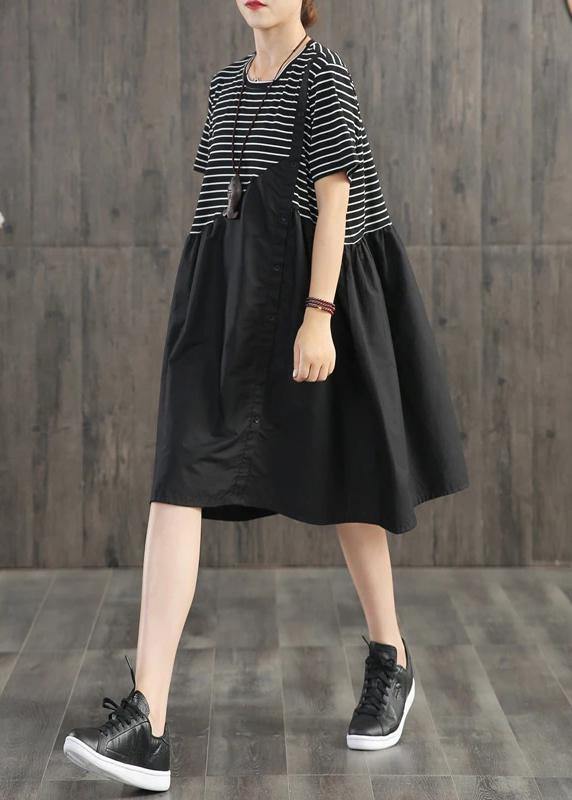 Beautiful cotton clothes Boho Stripes Spliced Round Collar Casual Dress - SooLinen