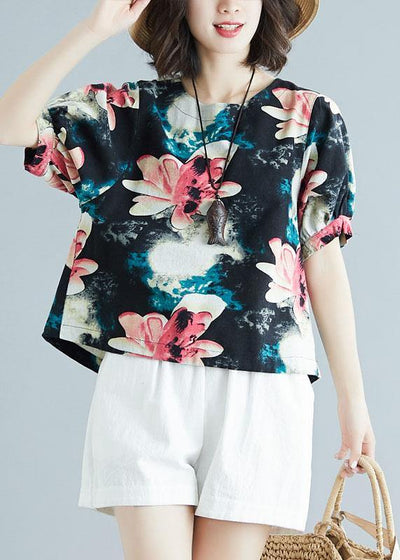 Beautiful floral cotton tunic pattern short sleeve daily summer shirt - SooLinen