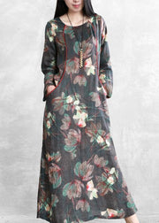 Beautiful floral linen dresses o neck pockets Maxi Dresses - SooLinen