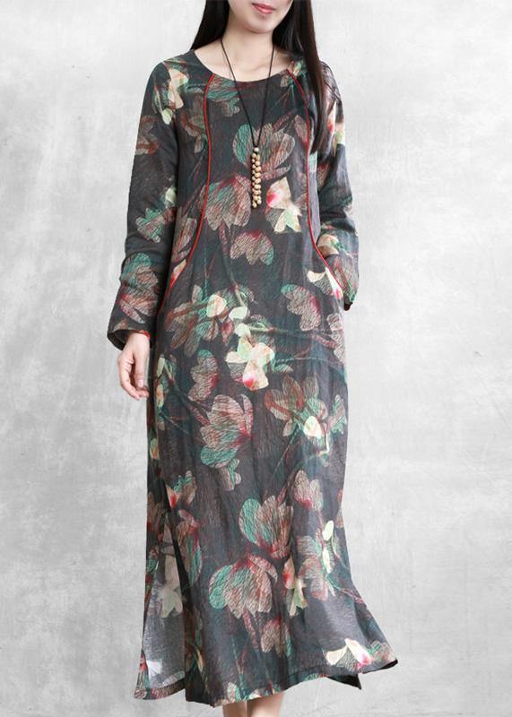 Beautiful floral linen dresses o neck pockets Maxi Dresses - SooLinen