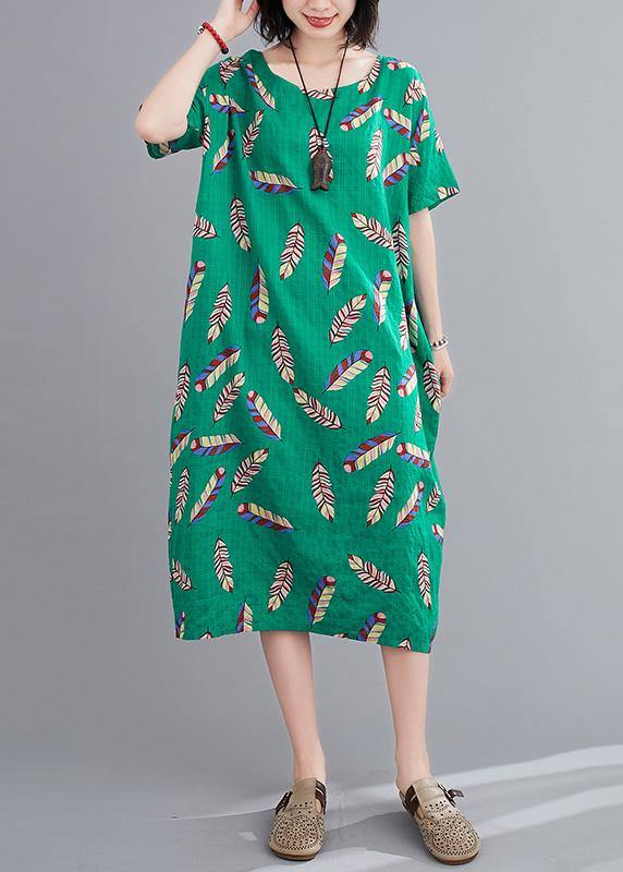 Beautiful green Feather print clothes o neck cotton robes Dresses - SooLinen