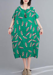 Beautiful green Feather print clothes o neck cotton robes Dresses - SooLinen