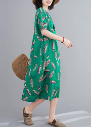 Beautiful green Feather print clothes o neck cotton robes Dresses - SooLinen