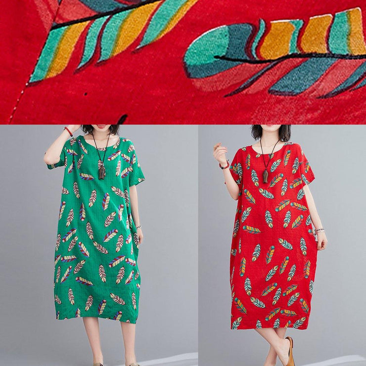 Beautiful green Feather print clothes o neck cotton robes Dresses - SooLinen