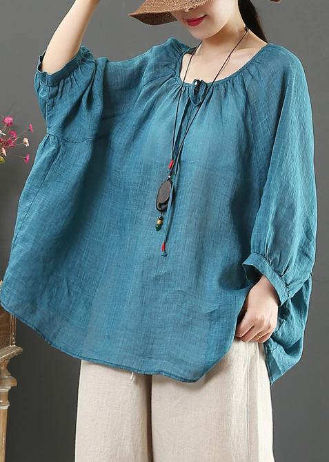 Beautiful green linen clothes For Women o neck half sleeve oversized summer shirt - SooLinen