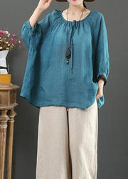 Beautiful green linen clothes For Women o neck half sleeve oversized summer shirt - SooLinen