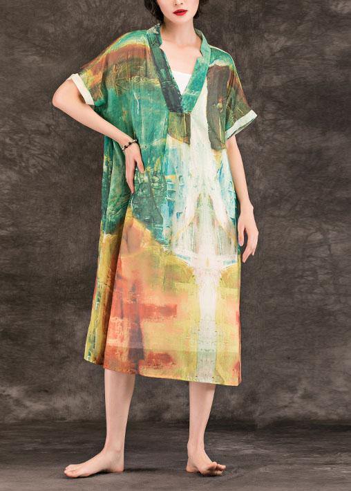 Beautiful green print linen clothes For Women v neck patchwork Maxi summer Dresses - SooLinen