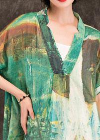 Beautiful green print linen clothes For Women v neck patchwork Maxi summer Dresses - SooLinen