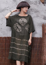 Beautiful green prints linen Tunic side open Plus Size Clothing summer Dress - SooLinen