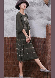 Beautiful green prints linen Tunic side open Plus Size Clothing summer Dress - SooLinen