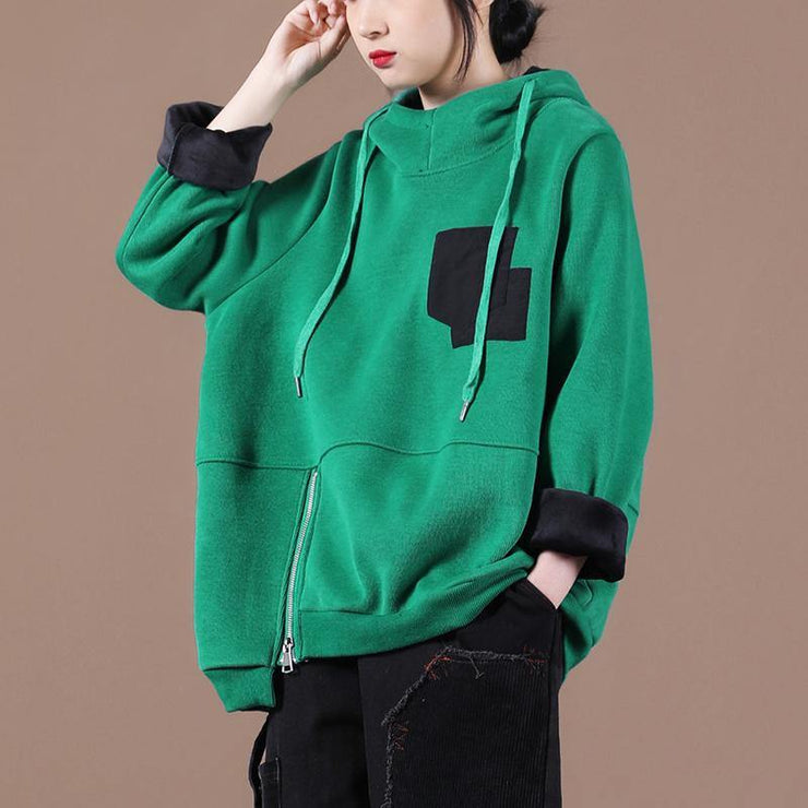 Beautiful green thick tops women blouses hooded patchwork oversized  shirts - SooLinen