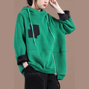 Beautiful green thick tops women blouses hooded patchwork oversized  shirts - SooLinen