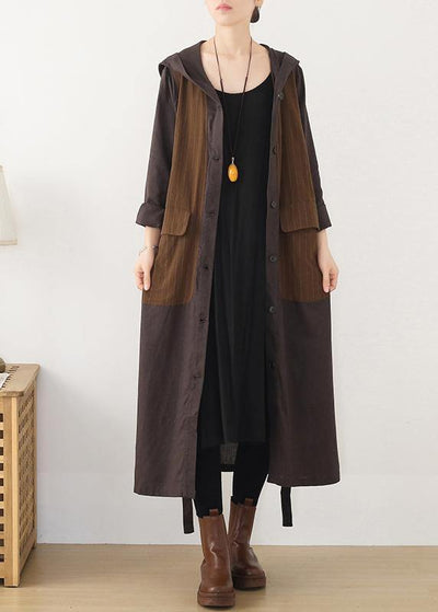 Beautiful hooded Plus Size striped trench coat chocolate cotton women coats - SooLinen