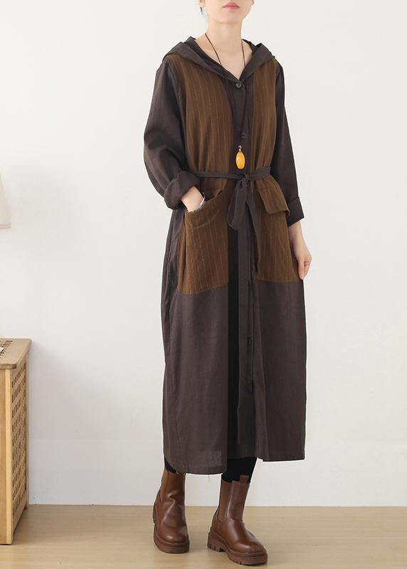 Beautiful hooded Plus Size striped trench coat chocolate cotton women coats - SooLinen