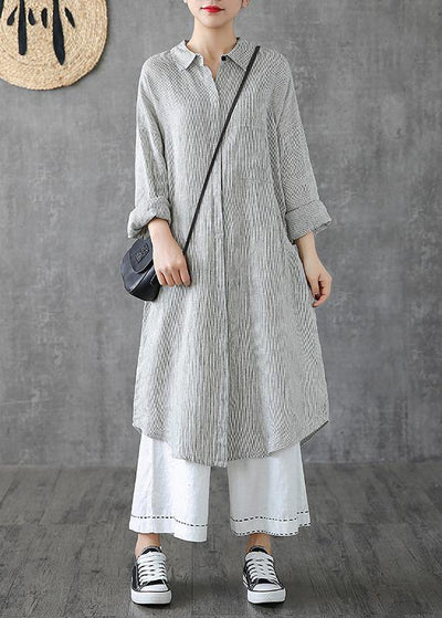 Beautiful lapel pockets linen clothes Photography gray striped Dress - SooLinen