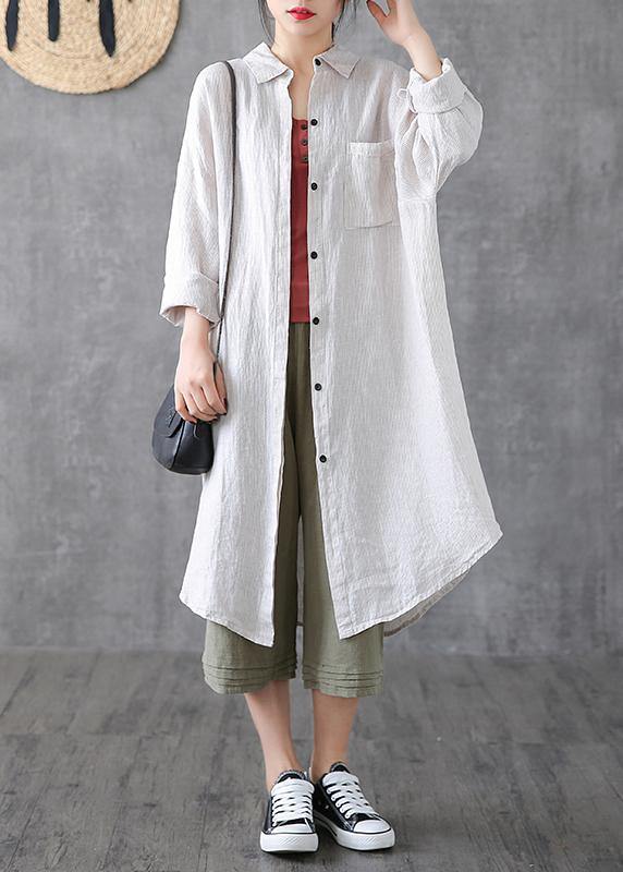 Beautiful lapel pockets linen clothes Photography gray striped Dress - SooLinen