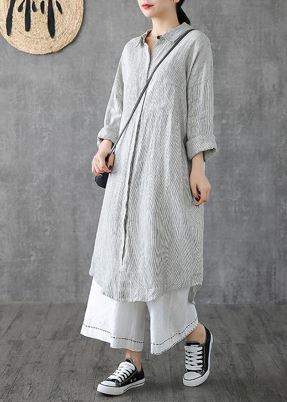 Beautiful lapel pockets linen clothes Photography gray striped Dress - SooLinen