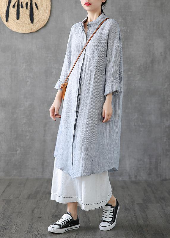 Beautiful lapel pockets linen clothes Photography gray striped Dress - SooLinen