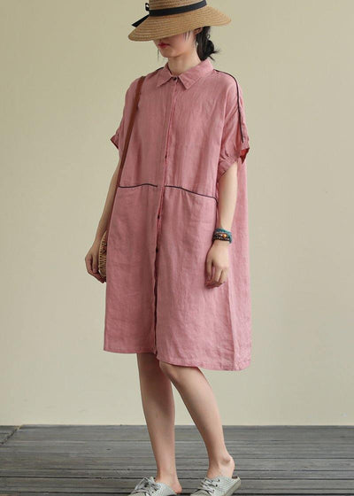 Beautiful lapel pockets linen summer dresses Runway pink Dress - SooLinen