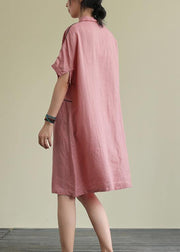 Beautiful lapel pockets linen summer dresses Runway pink Dress - SooLinen