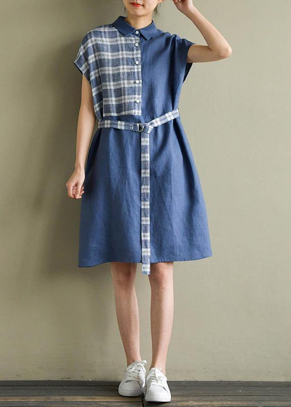 Beautiful lapel tie waist linen dresses Cotton blue Plaid Dress summer - SooLinen